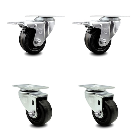 3 Inch Phenolic Wheel Swivel Top Plate Caster Total Lock Brakes SCC, 2PK